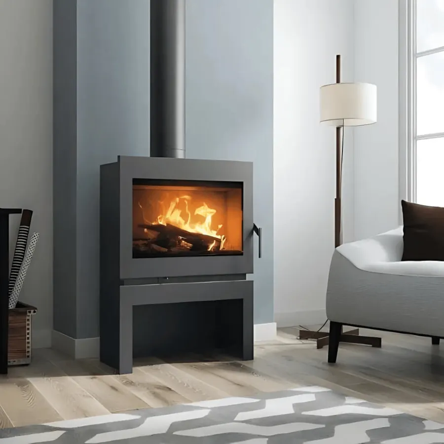 Carbel Atenea 8kW slim-profile Spanish fireplace with tall panoramic glass window