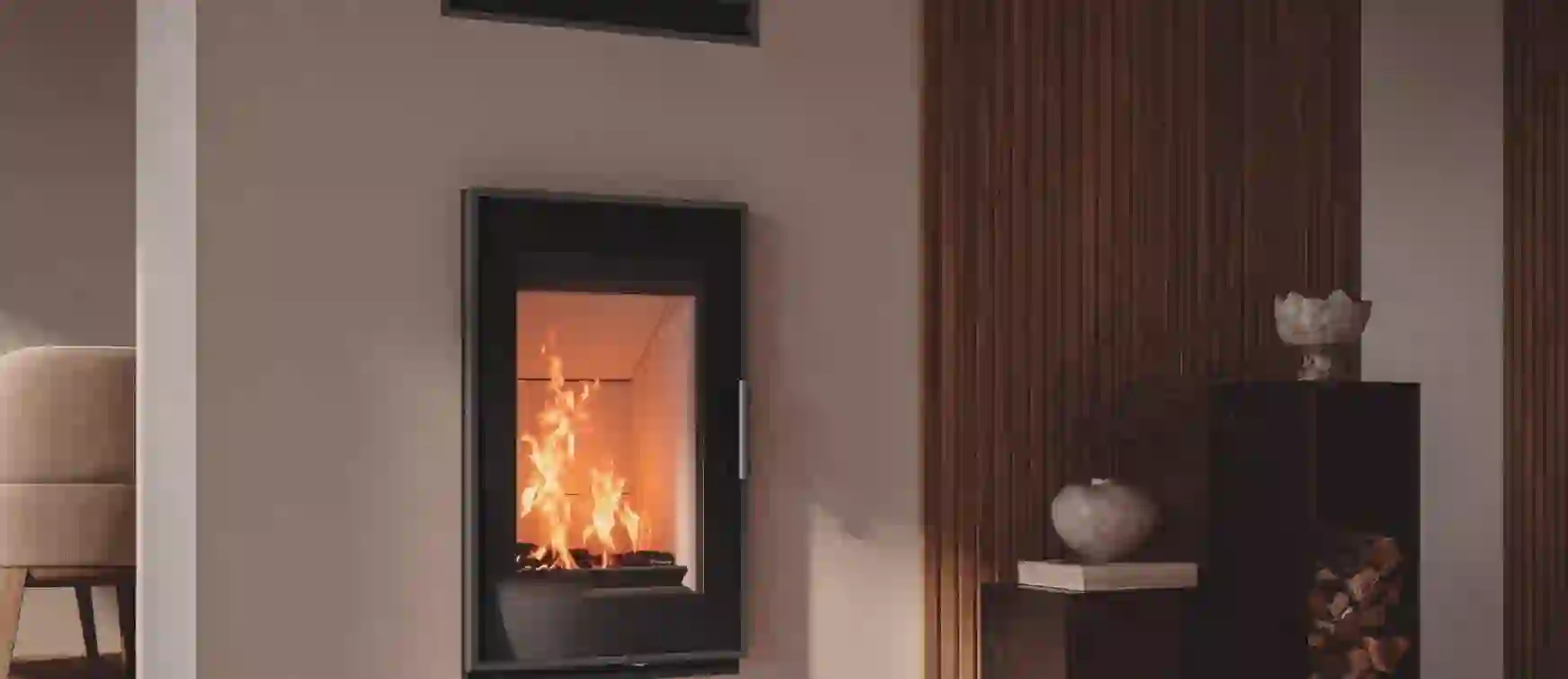 Carbel Vision Spanish wood fireplace with wide panoramic viewing window