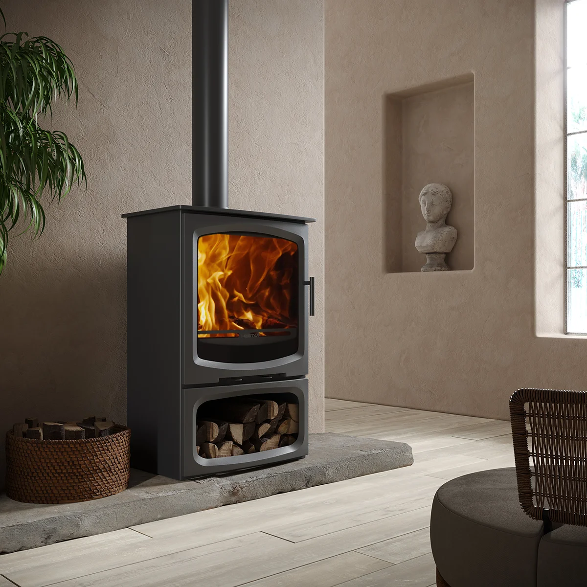 Heeta 600 Arc LB 13kW wood fireplace with arched bevel door and integrated log storage box
