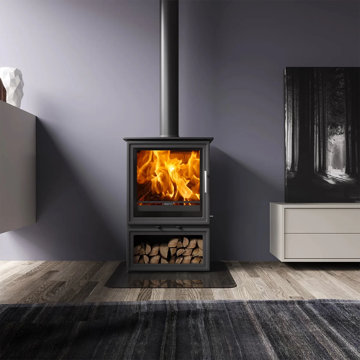 Heeta 600 Timberbox LB 13kW wood fireplace with integrated log storage box