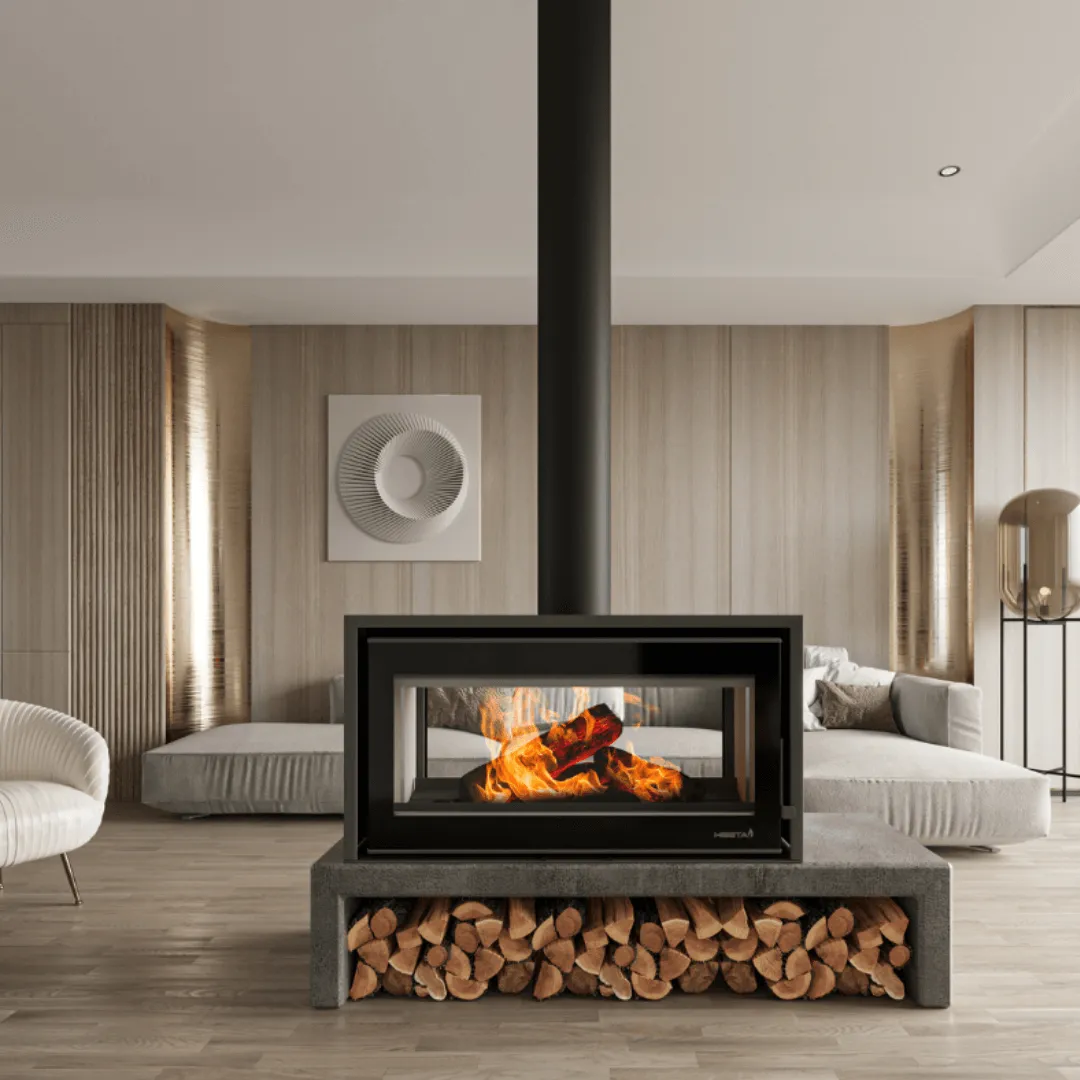 Heeta 950 Double Sided 16kW wood fireplace with stainless steel fluted panels — heats two rooms
