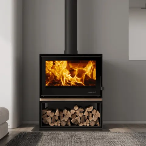 Heeta Oakley 950 LB 16kW freestanding wood fireplace with stainless steel fluted panels